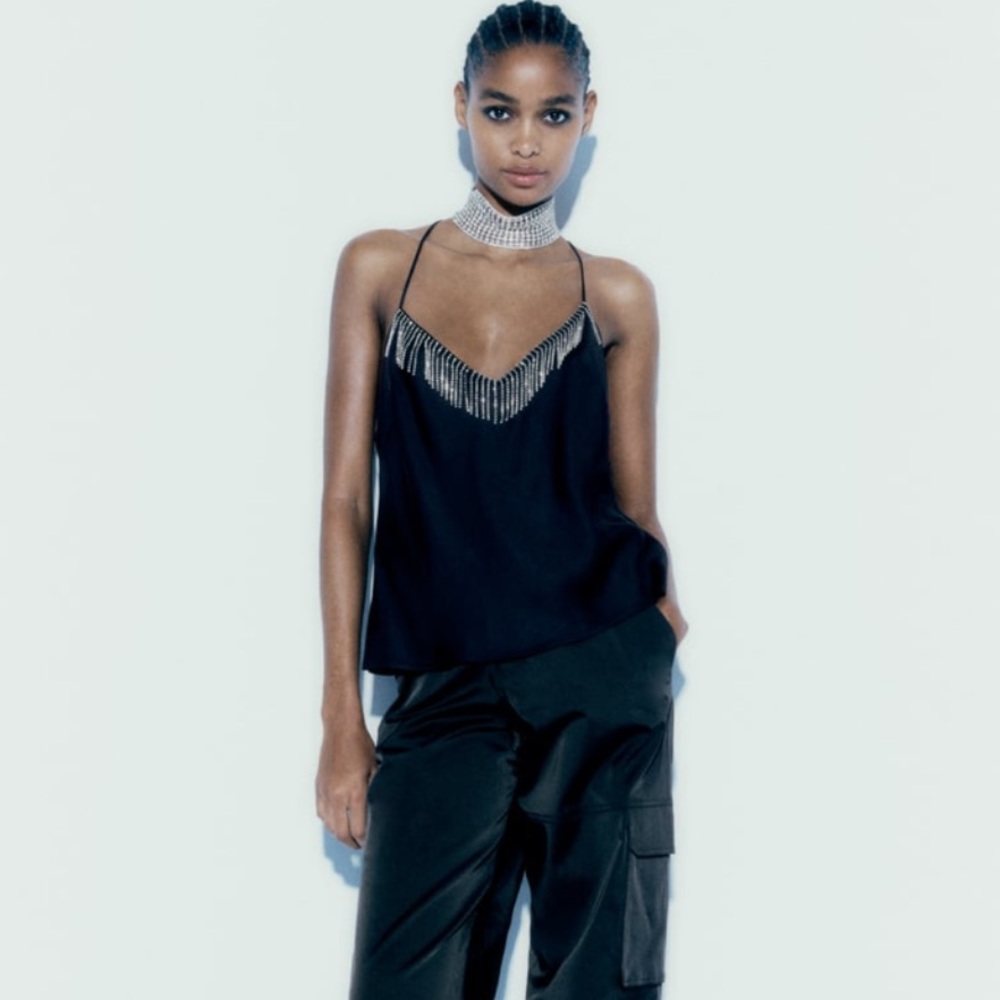 Zara Black Satin Camisole with Fringe Chain Detail